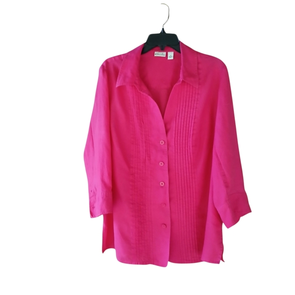 Kim Rogers Tops - Kim Rogers Fuschia Pintuck 3/4 Sleeve Button Down Linen Shirt Size 1X